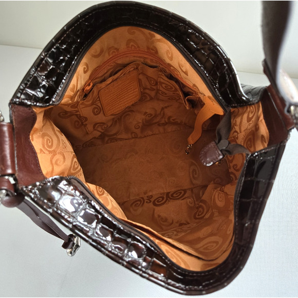 Brighton Shoulder Bag Dark Brown Patent Leather Croc Embossed Classic Purse 12" - Picture 9 of 16